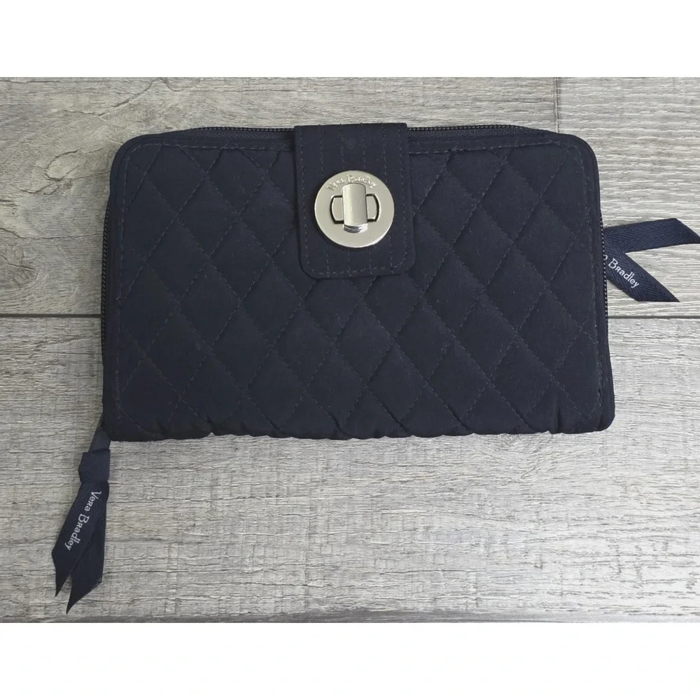 Vera Bradley Turnlock Wallet Navy Blue Large Quilted Cotton Clutch Organizer 7.7 - Picture 2 of 11
